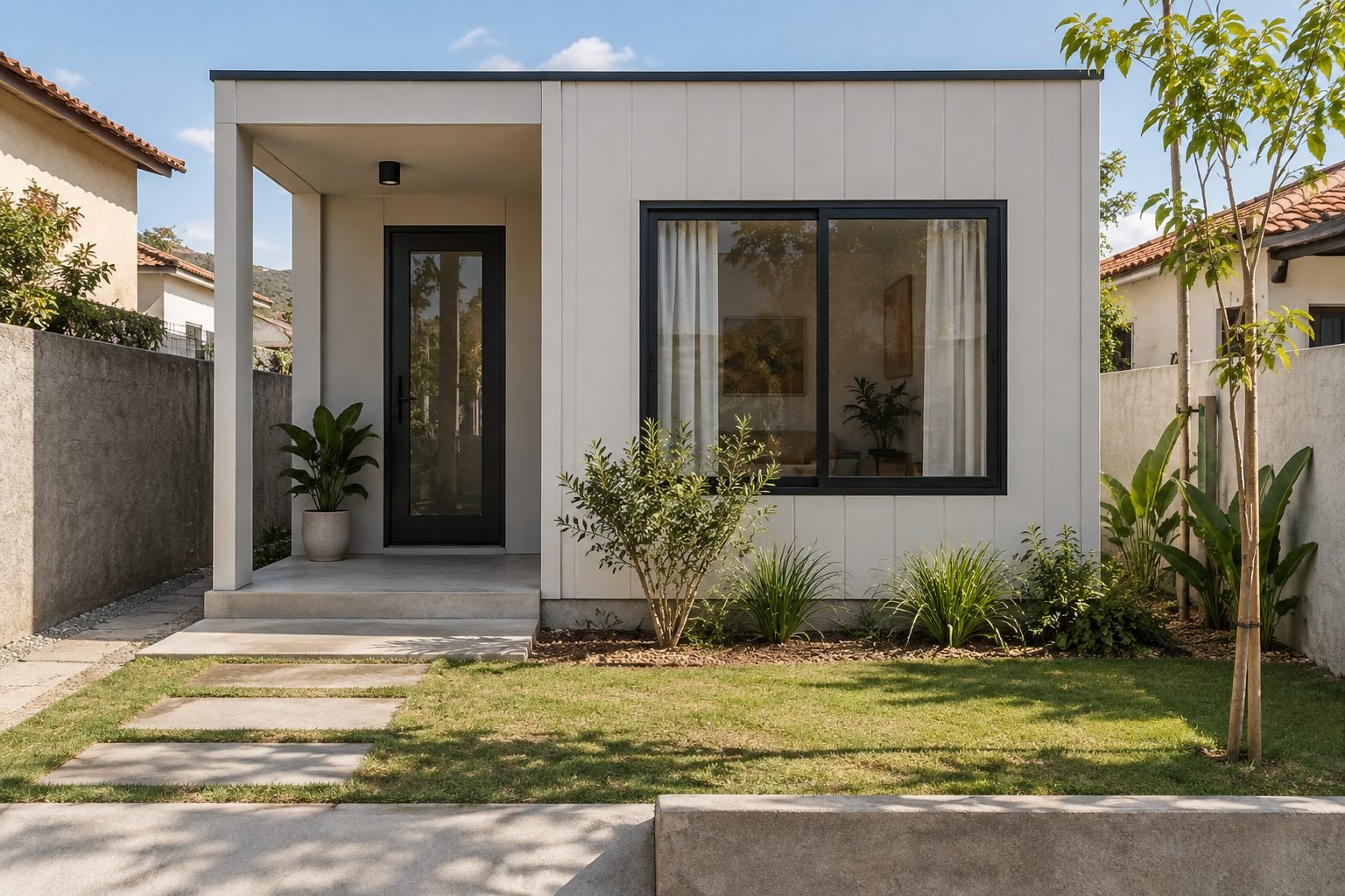 Imagem conceitual de casa modular compacta em terreno residencial