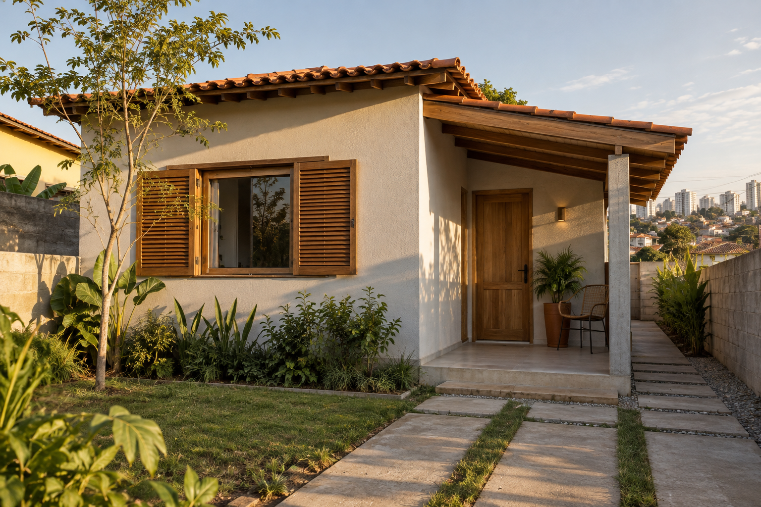 Fachada de casa compacta genérica com vegetação, imagem conceitual