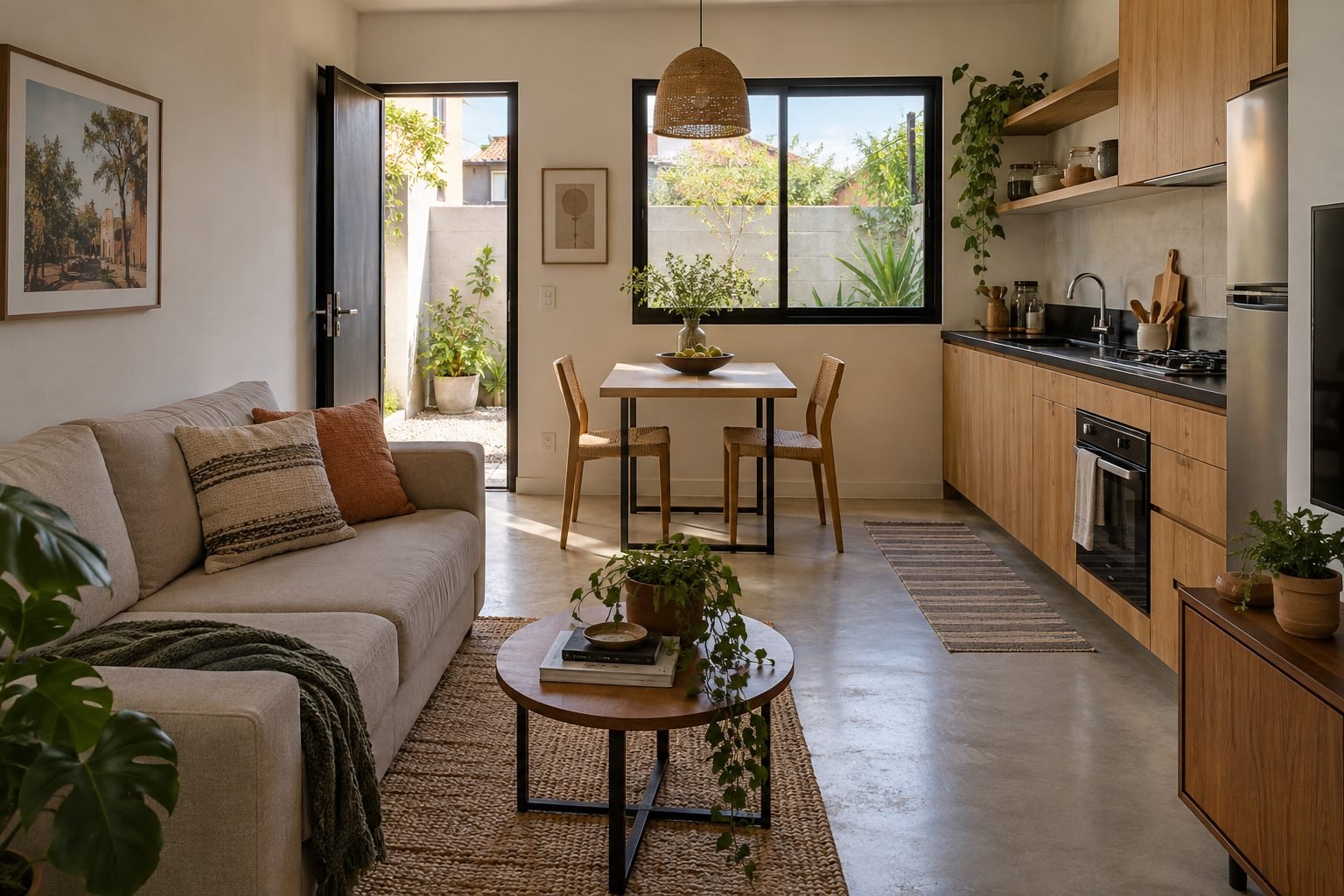 Imagem conceitual de sala e cozinha em casa modular compacta